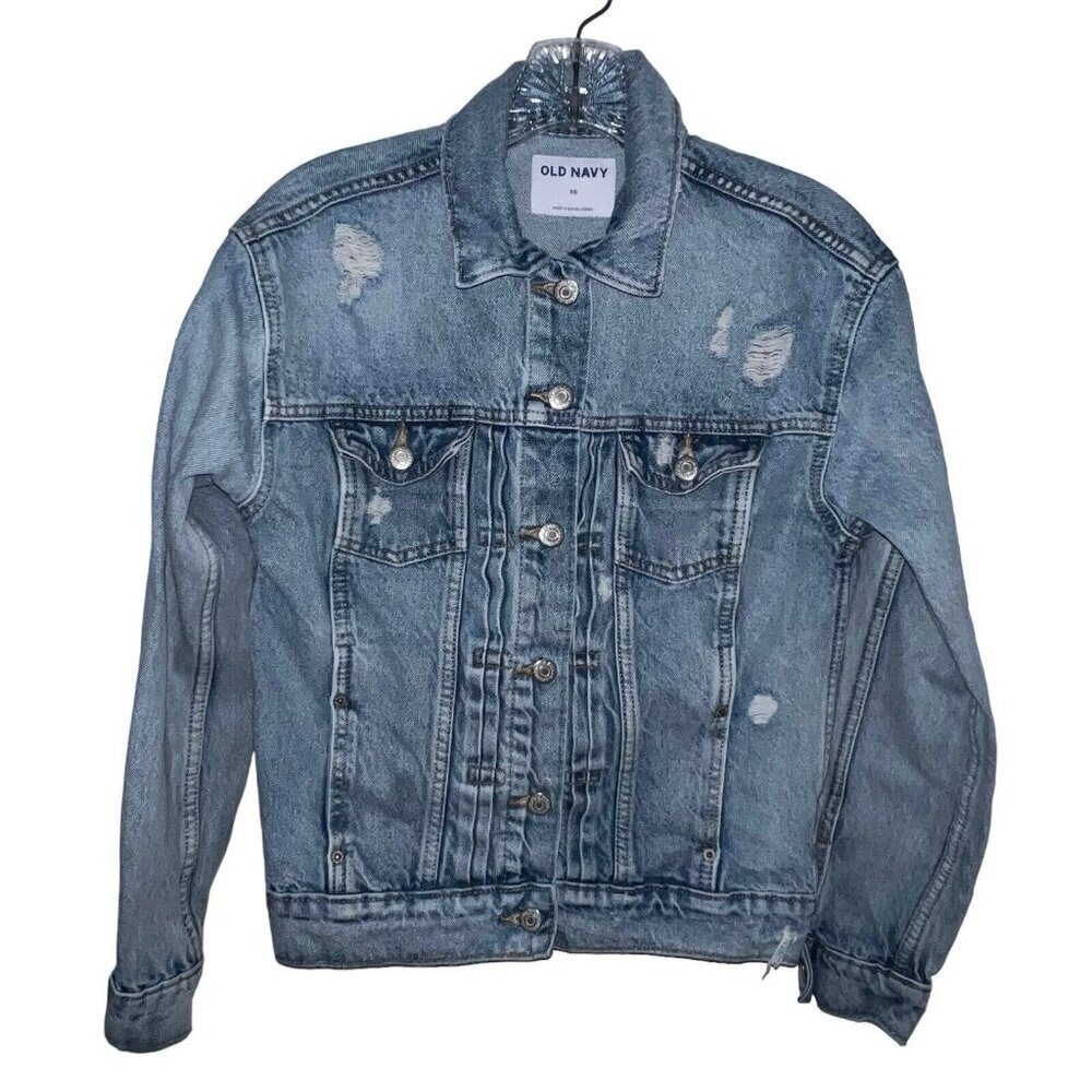 Old Navy Women's Size XS‎ Distressed Denim Button Up Jacket Cotton Light Wash
